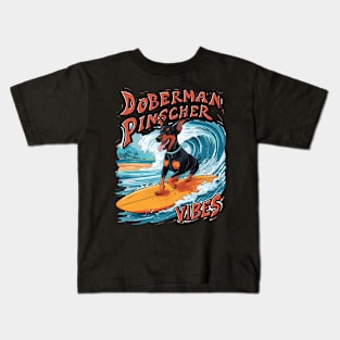 Surfing Doberman Pinscher Riding Tropical Wave Kids T-Shirt